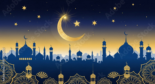 Golden crescent moon and stars over a serene middle eastern cityscape at sunset with mosque silhouettes and lanterns