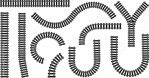 Collection of railway track silhouettes including straight curved and junction railroad elements isolated on white background for transportation and train design