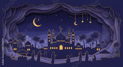 Illustration of a serene nighttime scene with people walking towards a brightly lit mosque under a crescent moon and stars