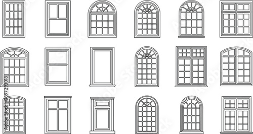 Collection of various architectural window icons set for house design, different frame styles and shapes, outline silhouettes, cad drawing flat vector illustration