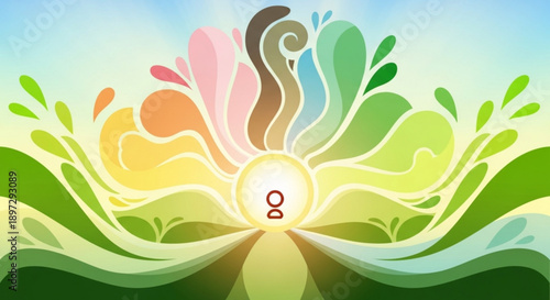 Vibrant rainbow colored flower with glowing center and green leaves on blue background symbolizing growth and harmony
