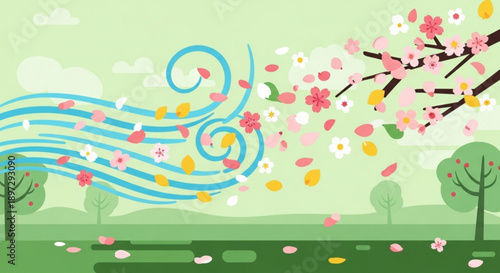 Vibrant spring scene with swirling blue waves and falling cherry blossoms in a serene landscape