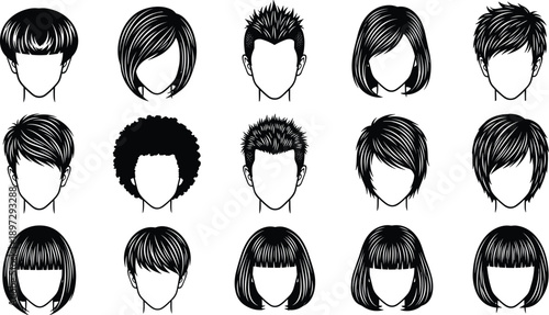 Collection of various men and women hairstyles and haircuts icons set, black hair silhouettes for salon fashion avatars, flat vector line illustration