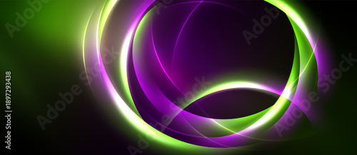 Abstract design features vibrant green, purple glows. Circular shapes overlap creating dynamic visual effect. Dark background enhances luminosity.