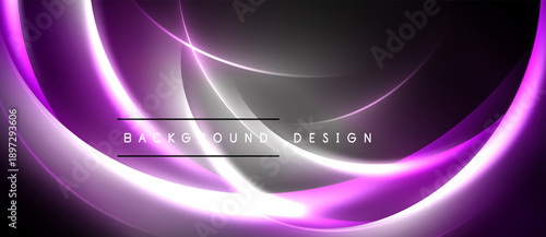 Abstract purple lines create dynamic flow. Dark background emphasizes bright curves, modern design element. Simple text overlay present.