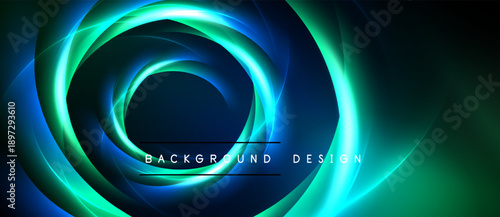 Abstract swirling lights create dynamic visual effect. Blue, green hues dominate dark background. Modern design element.