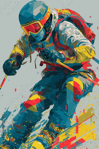 Alpine skiing graphic art effect poster. Alpine skiing dynamic multicolor graphic wallpaper or banner