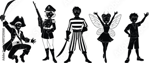 Collection, of, black, cartoon, character, silhouettes, featuring, pirate, soldier, fairy, and, boy, for, kids, costume, party, fantasy, roleplay, and, design