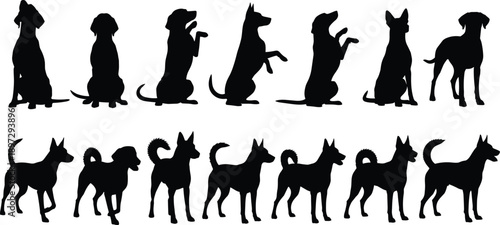 Collection, of, black, dog, silhouettes, in, various, poses, sitting, begging, standing, and, walking, for, pet, training, vet, and, animal, design