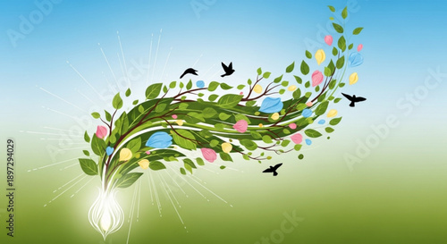 Vibrant tree sprouting from light bulb with colorful flowers and birds flying around in a sunny natural environment