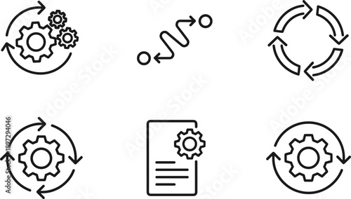 Process automation and workflow cycle line icons set featuring gears arrows document steps system vector illustration