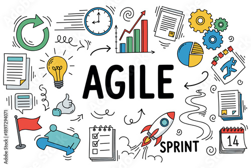 Agile methodology doodle with icons of sprint, rocket, and charts