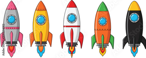 Colorful cartoon rocket ship collection, flat space shuttle vector icons, cosmic exploration set, retro spacecraft launch, galaxy travel graphics, and galaxy.