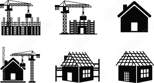 Construction site silhouettes with tower cranes building houses, residential real estate development icons, home renovation, engineering project, and architecture vector set