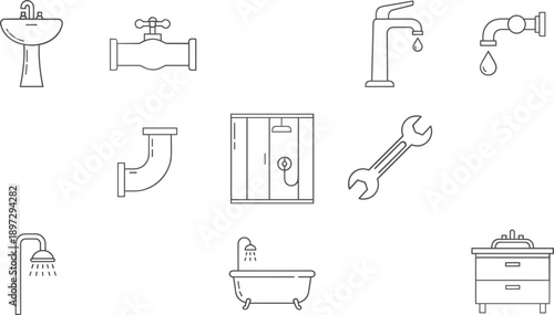 Plumbing and bathroom line icons set featuring sink faucet pipes shower bathtub tools repair vector illustration