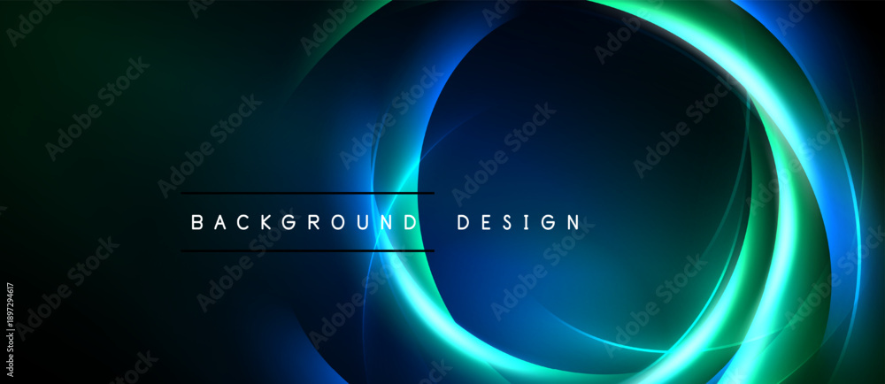 Naklejka premium Abstract design features glowing curves, vibrant blues, greens. Dark background emphasizes luminous circular elements, text reads background design.