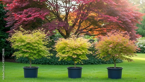 Three potted trees in a vibrant garden scene with colorful foliage
