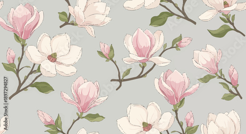 Beautiful flower arrangement with magnolias and buds in a serene botanical illustration
