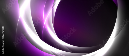 Abstract purple, white swirls dominate dark background. Smooth curves create dynamic, flowing visual effect. Modern design.