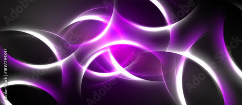Abstract design features flowing curves, vibrant purple, white glows against dark background. Dynamic composition creates modern feel.