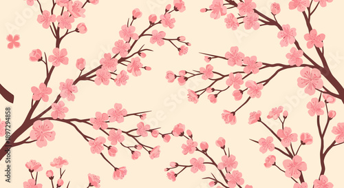 Beautiful pink cherry blossom flower branches blooming in a serene landscape viewed from a distance