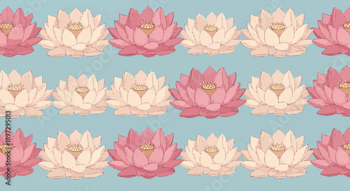 A serene pattern of pink and white water lilies with flower motifs on a blue background, viewed from directly above