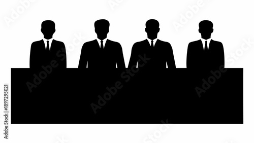 Silhouette illustration of four figures in suits behind a black rectangular table on a white background | editable eps vectors