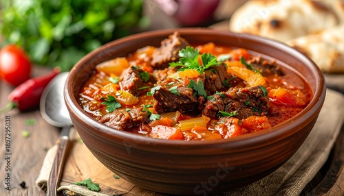Braised beef stew with fresh parsley. Braised beef pieces in a thick tomato sauce with root vegetables, finished with fresh parsley, rich texture, warm tones.