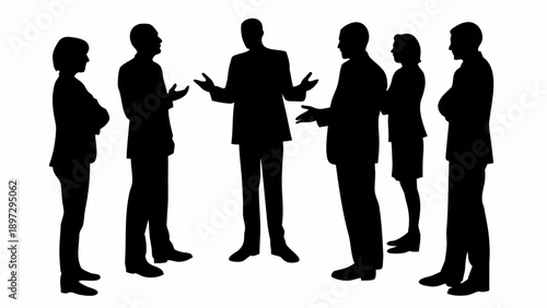 Silhouette of a group of business people standing and talking with each other in a meeting setting clearly visible | editable eps vectors