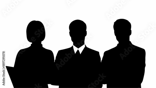 Silhouette of three business professionals standing together against a white background in a group shot | editable eps vectors