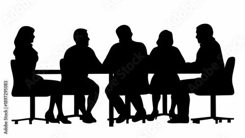 Silhouette of five people sitting at a table in a meeting or conference setting with chairs and white background | editable eps vectors