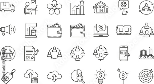 Business and ecommerce management line icons set featuring finance marketing logistics analytics workflow vector illustration design collection ui
