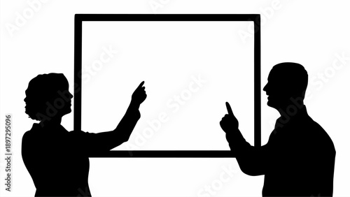 Silhouetted figures pointing at a blank whiteboard during a presentation or interactive discussion event | editable eps vectors