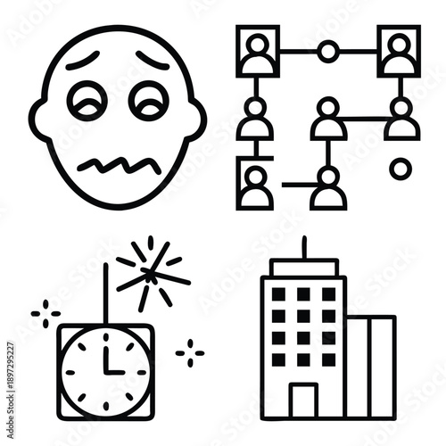 Minimalist Monochrome Line Art Icon Set Featuring Worried Face Emoji, People Connection Network Map, New Year Countdown Clock, and Modern Office Building Collage