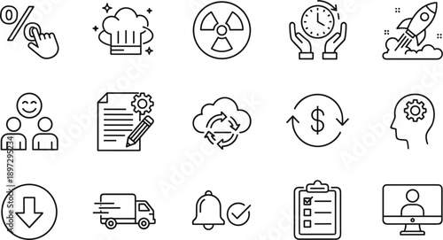Business and startup line icons set with finance marketing productivity delivery notifications analytics strategy vector illustration