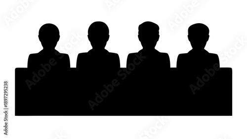 Silhouette of four people sitting behind a desk or table in a dark monotone image with white background | editable eps vectors
