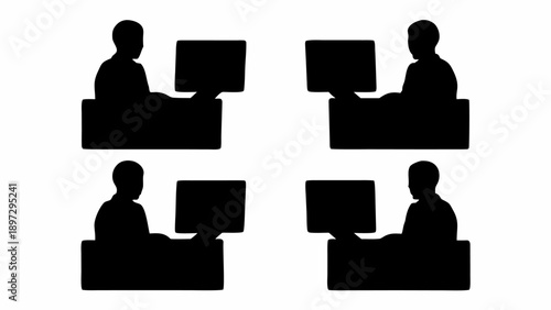 Silhouette illustration of four people sitting at desks with computers in a grid pattern on a white background | editable eps vectors