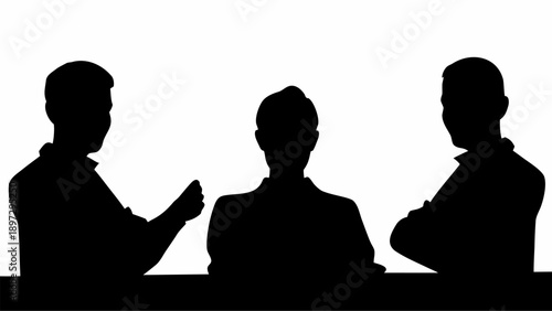 Silhouette of three people in a meeting or discussion with one person gesturing and others listening | editable eps vectors