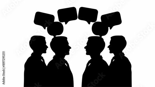 Silhouette of four people facing each other with speech bubbles above their heads in black and white image | editable eps vectors