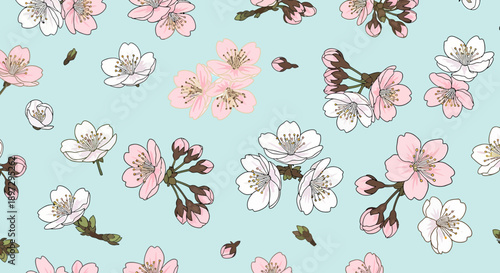 A delicate flower pattern featuring pink and white blooms with green stems on a soft blue background, viewed from directly above, as seen in whisk_mpidhf_via_RJ_Whisk_Auto.eps