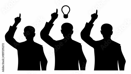 Three silhouetted figures pointing upwards with a lightbulb above one indicating an idea moment present | editable eps vectors