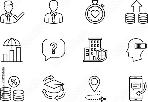 Business insurance finance line icons set with people protection savings time location mobile communication analytics planning management vector