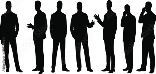 Black silhouettes of business people in professional attire with varied poses and gestures, perfect for corporate design, communication themes, and educational materials.