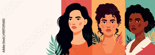 March 8, Women's Day. Vector banner with space for text, portraits of women of different skin colors, cultures, nationalities standing together. Symbol freedom, equality, women's rights, empowerment