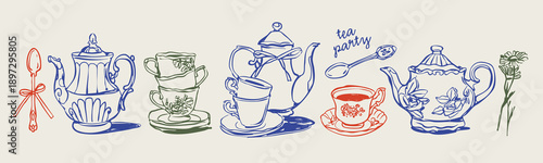 Different elegant ceramic porcelain teapots, cups of tea, plates, spoons, flower. Line art. Various ornaments. Decorative outline style. Hand drawn trendy Vector Illustration. Isolated design elements