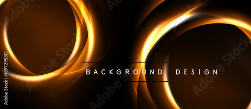Abstract design features glowing orange circles over dark background. Text reads background design. Modern, dynamic visual presentation.