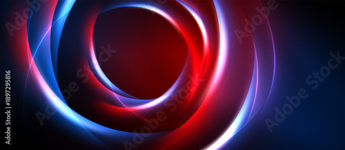 Abstract design features vibrant red, blue swirls. Concentric circles create dynamic visual impact against dark background. Modern, energetic composition.