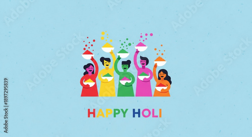 Vibrant people celebrating holi with colorful powders and joyful expressions against a light blue background