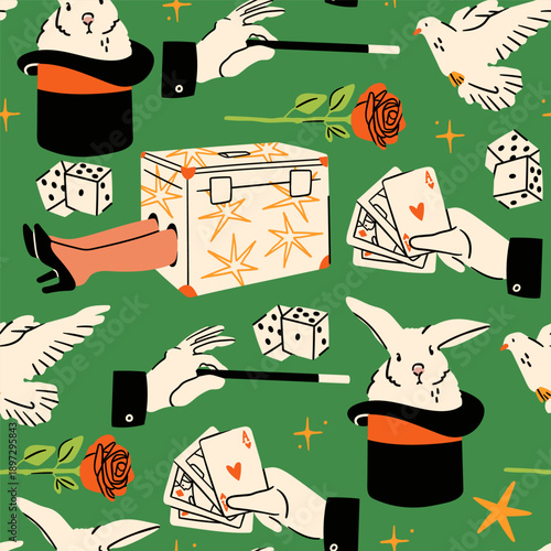Magician's elements, tools for magic tricks. Professional illusionist equipment: hat with rabbit, magic wand, playing cards, flower, dove, dice. Hand drawn Vector illustration. Square seamless Pattern