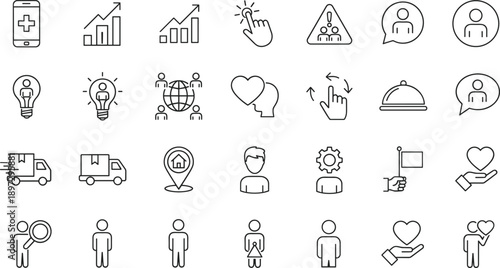 Business user interaction and analytics line icons set featuring growth engagement support delivery interface vector illustration design collection